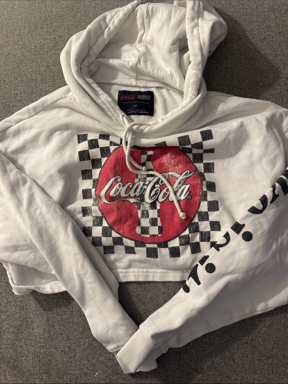 5/$15- Coca Cola White Cropped Crewneck Hoodie with Red Logo